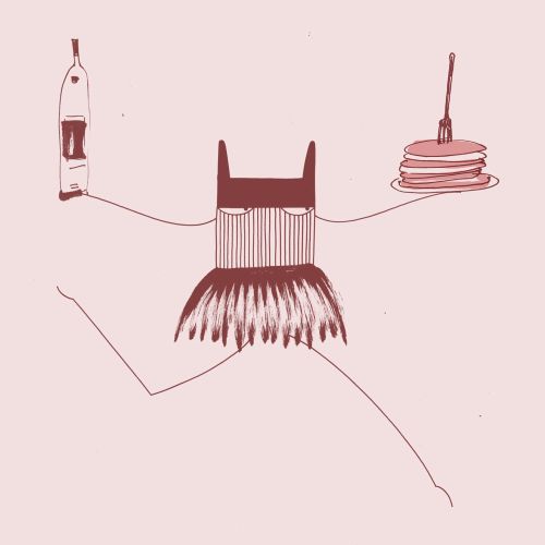 Minimalist abstract figure holding vacuum and pancakes on fingers
