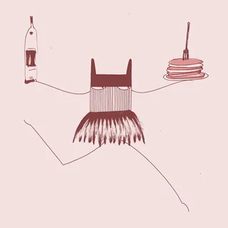 Minimalist abstract figure holding vacuum and pancakes on fingers