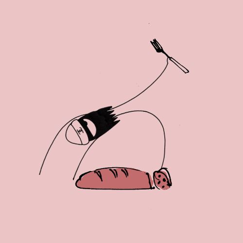 Line art of hand with fork lifting bread slice on pink background