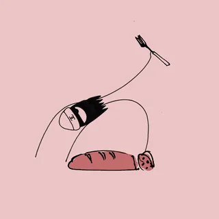 Line art of hand with fork lifting bread slice on pink background