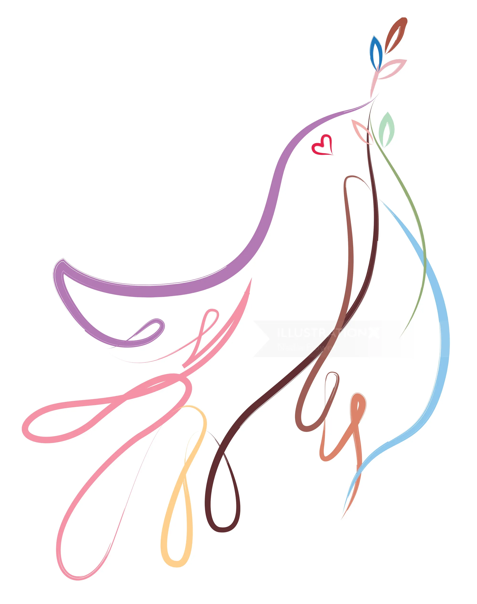 Simple bird line drawing holding a branch with heart detail