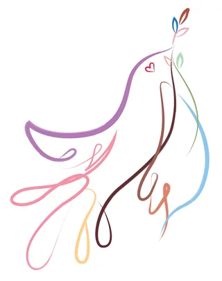Simple bird line drawing holding a branch with heart detail
