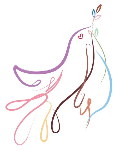 Simple bird line drawing holding a branch with heart detail