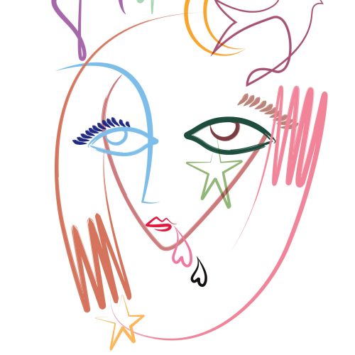 Abstract face drawing with stars, bird, and the word hope in colorful lines
