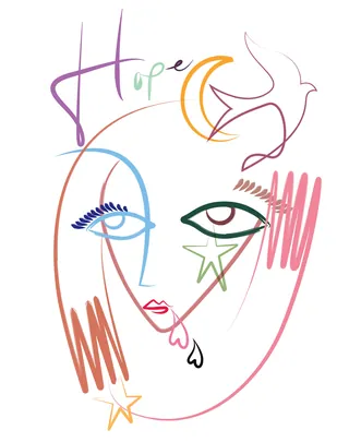 Abstract face drawing with stars, bird, and the word hope in colorful lines