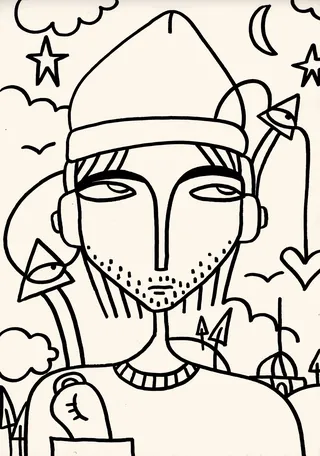 Black and white line drawing of a man wearing a beanie with night sky