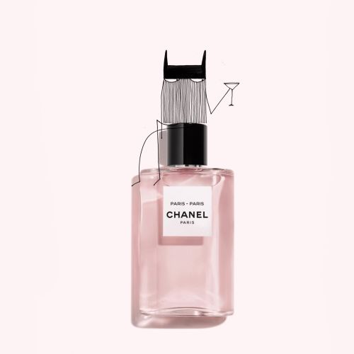 Chanel perfume bottle with illustrated cat wearing mask holding martini glass
