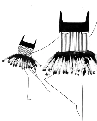 Black and white minimalist sketch of two ballerinas wearing tutus.