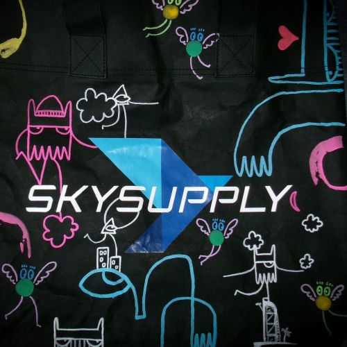 Skysupply logo surrounded by colorful doodles by Nadia Flower