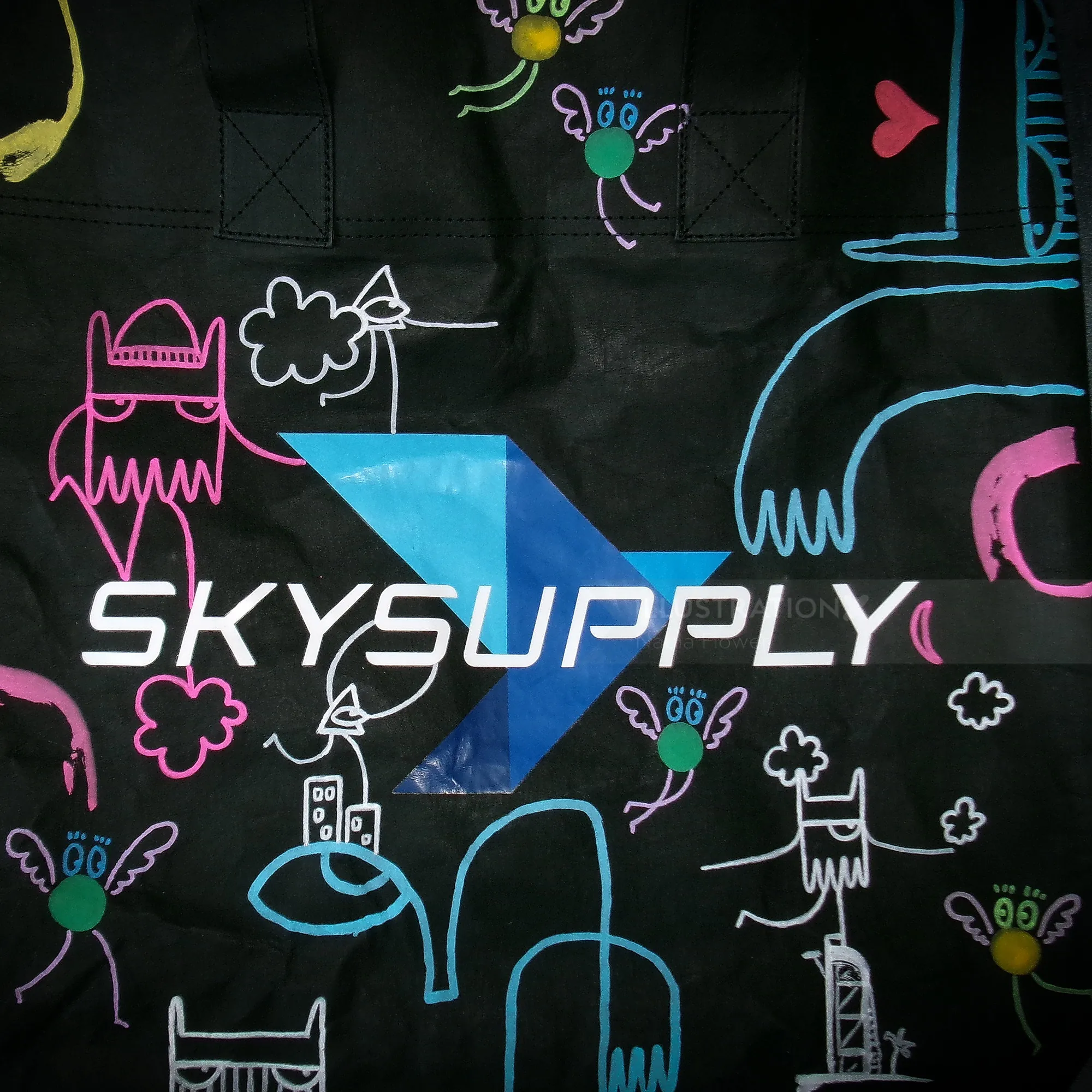 Skysupply logo surrounded by colorful doodles by Nadia Flower