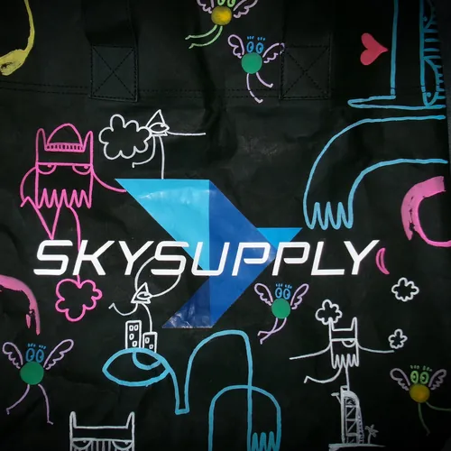 Skysupply logo surrounded by colorful doodles by Nadia Flower
