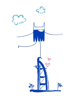 Cartoon bat hanging from Burj Khalifa with hearts and clouds