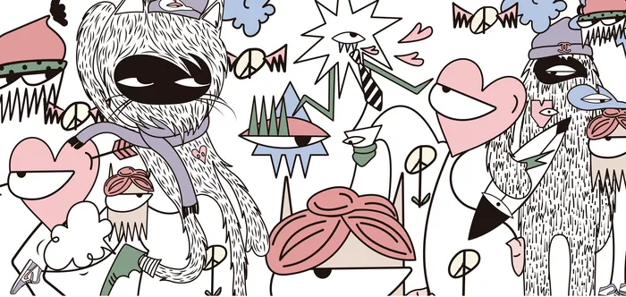 Colorful abstract doodle with faces, hearts, shapes, and quirky creatures