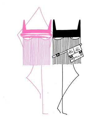 Abstract drawing of two stylized figures with simple geometric shapes