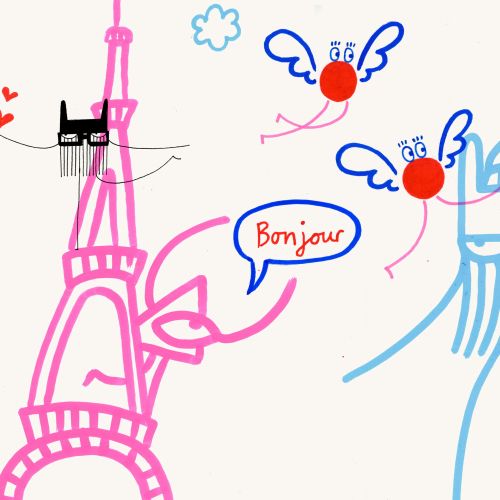 Abstract drawing of Eiffel Tower, faces, and speech bubble saying Bonjour