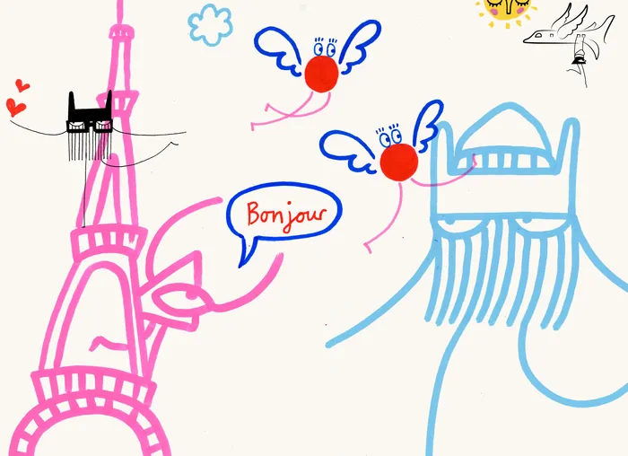Abstract drawing of Eiffel Tower, faces, and speech bubble saying Bonjour