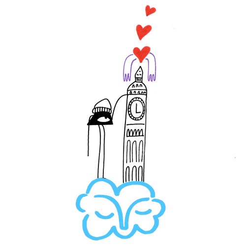 Big Ben tower with a helmet and red hearts floating above on a blue cloud