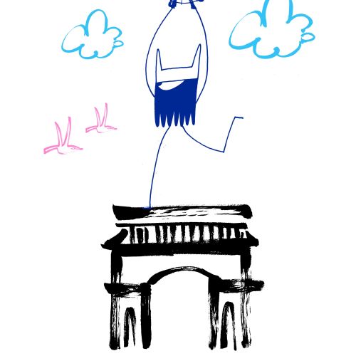 Abstract person standing on monument with heart-shaped balloon and clouds