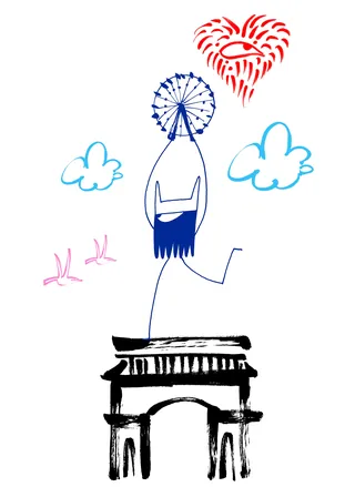 Abstract person standing on monument with heart-shaped balloon and clouds