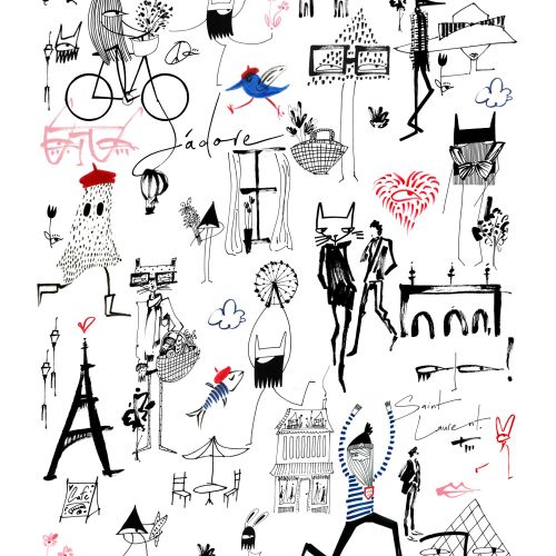 Illustration of Paris icons, Eiffel Tower, and fashionable people sketches