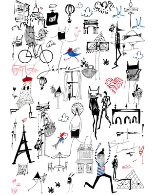 Illustration of Paris icons, Eiffel Tower, and fashionable people sketches
