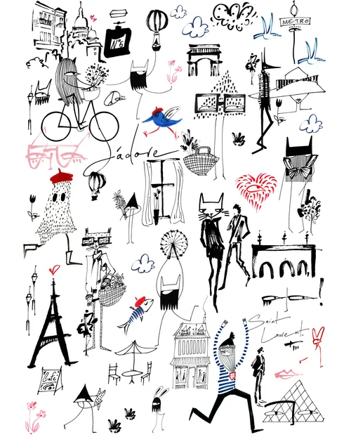 Illustration of Paris icons, Eiffel Tower, and fashionable people sketches