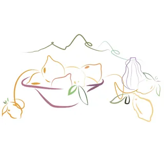 Line drawing of lemons in a bowl with leaves and branches
