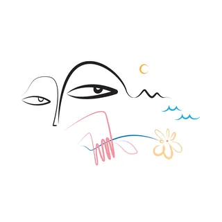 Abstract line drawing of a face with a flower and waves