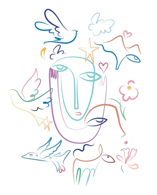 Colorful abstract face with birds, flowers, hearts, and stars