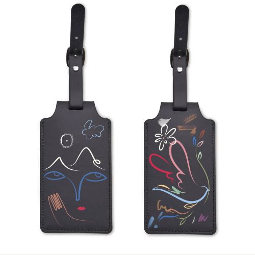 Black leather luggage tags with abstract face and bird artwork