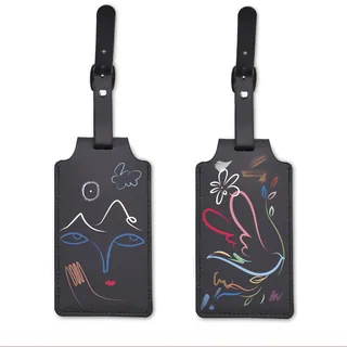 Black leather luggage tags with abstract face and bird artwork