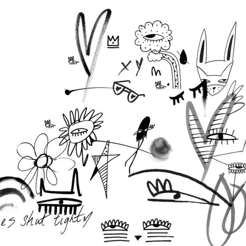 Black and white abstract doodles including flowers, animals, and crowns