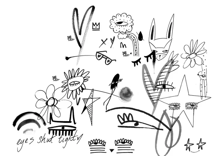 Black and white abstract doodles including flowers, animals, and crowns