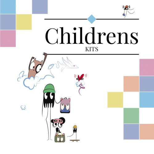 Children's kit cover with playful cartoon characters and colorful geometric blocks