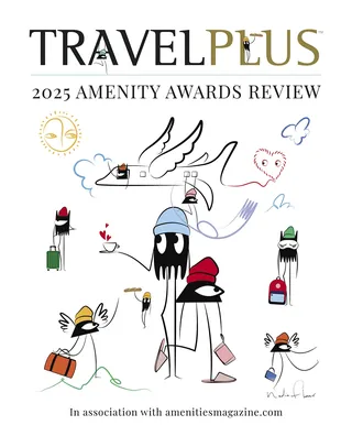 Whimsical travelers with luggage and flying birds illustration for TravelPlus 2025 awards.