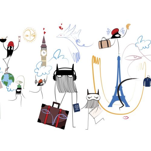Abstract travel characters and landmarks illustration by Nadia Flower