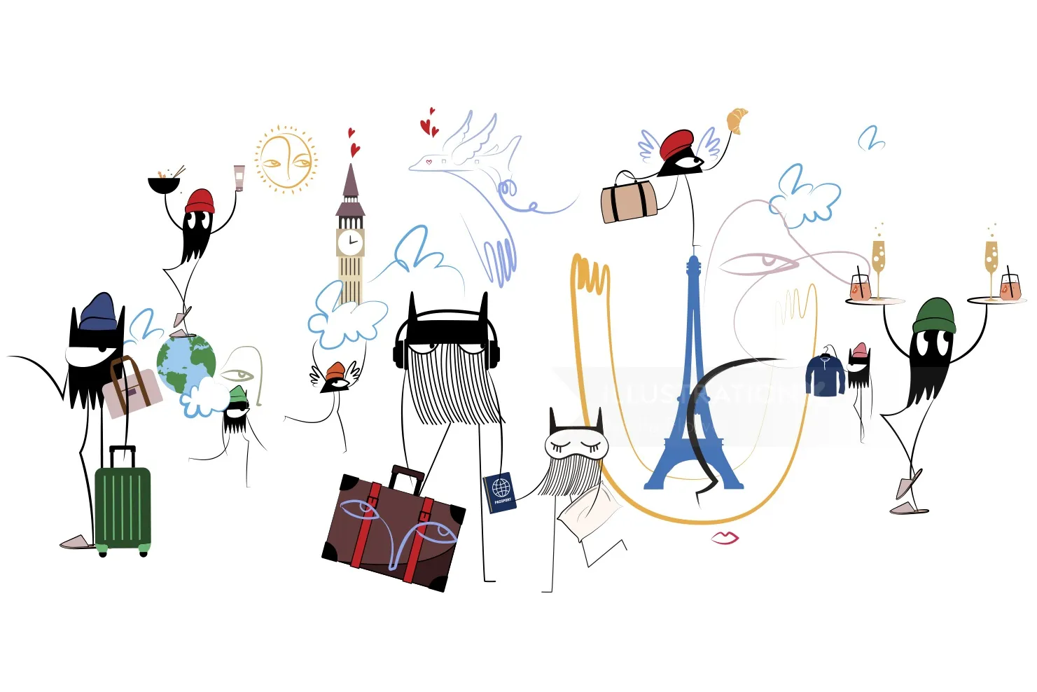 Ilustração abstrata de personagens e pontos turísticos de viagem por Nadia Flower