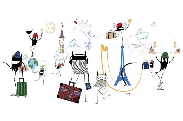 Abstract travel characters and landmarks illustration by Nadia Flower
