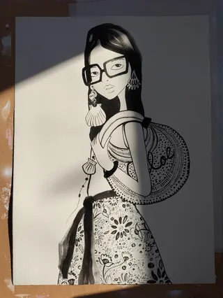 Black and white illustration of a woman wearing glasses and jewelry by Nadia Flower