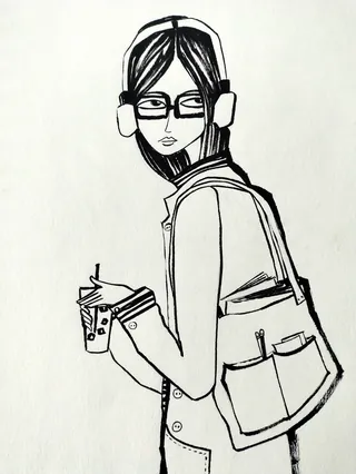 Black and white line drawing of woman with glasses holding coffee cup by Nadia Flower