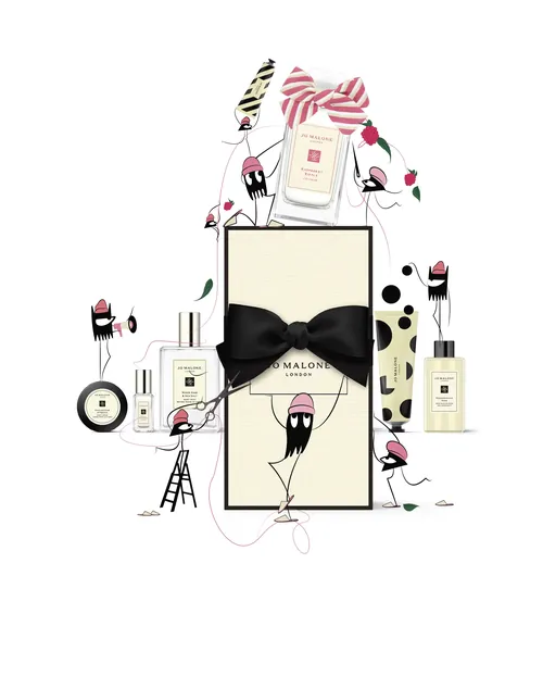 Jo Malone Parfümflakons und Geschenkbox, illustriert von Nadia Flower