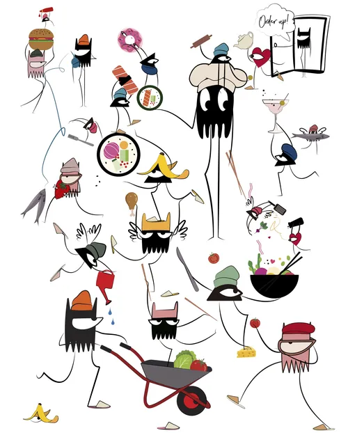 Abstract stick figures using kitchen and garden tools by Nadia Flower