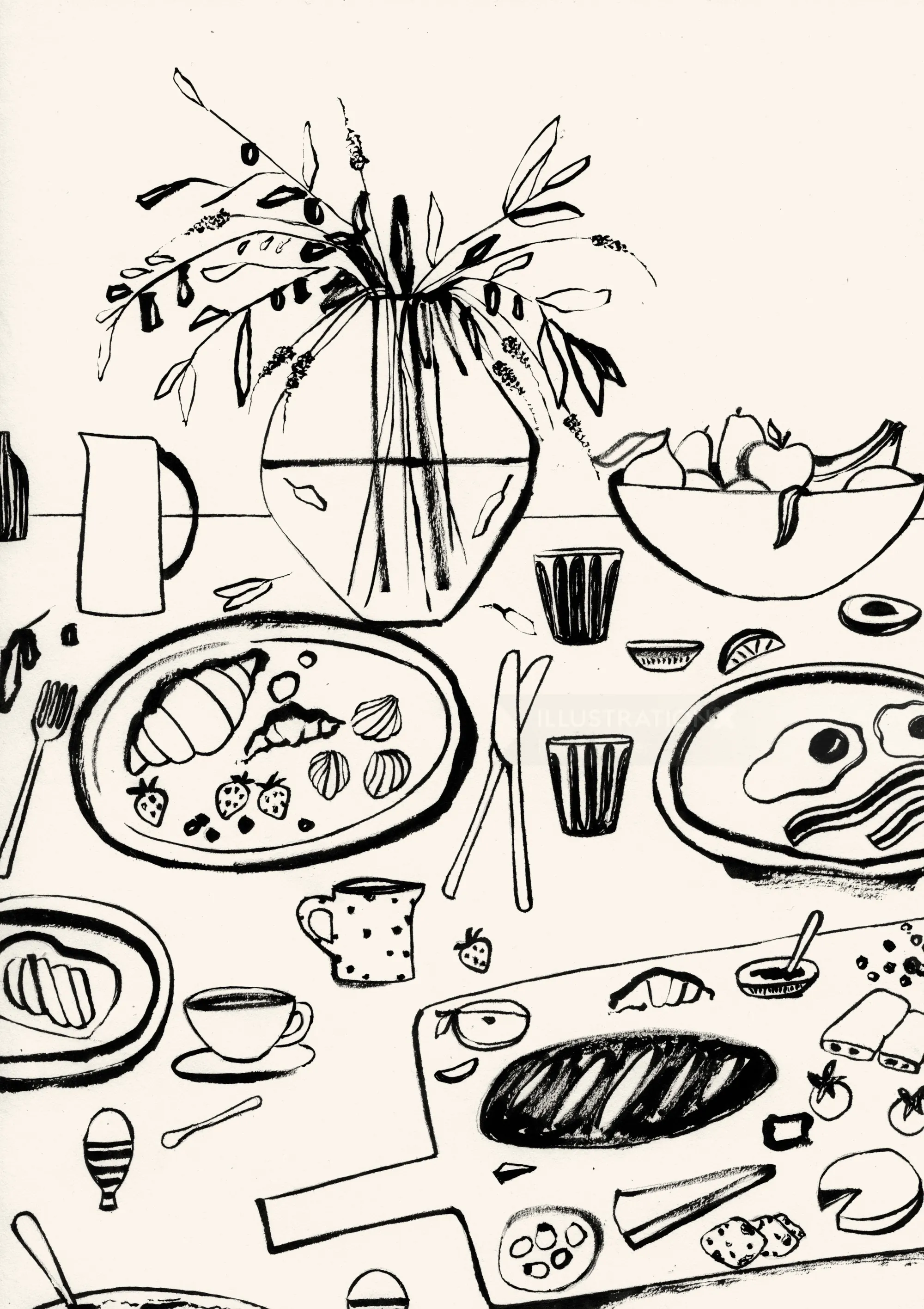 Black and white table setting with bread, fruit bowl, and olive vase by Nadia Flower