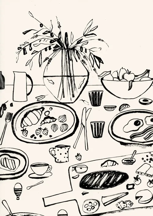 Black and white table setting with bread, fruit bowl, and olive vase by Nadia Flower