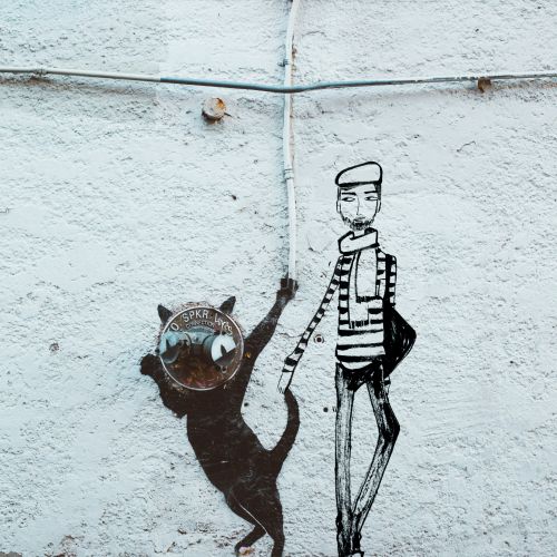 Street art of a cat and a striped human figure on a wall by Nadia Flower