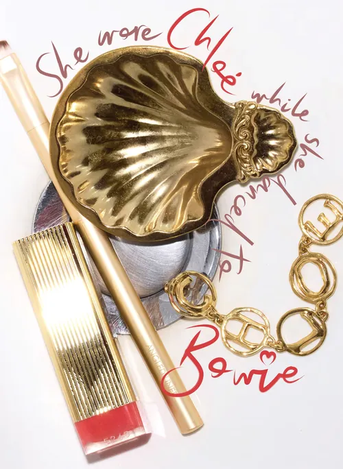 Vintage makeup items and gold jewelry artwork by Nadia Flower