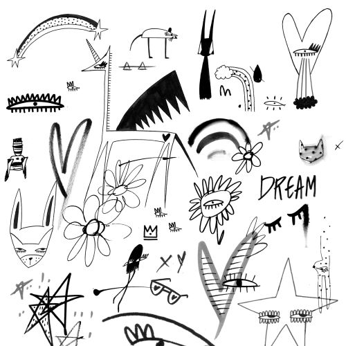 Abstract black and white doodle art with flowers and stars by Nadia Flower