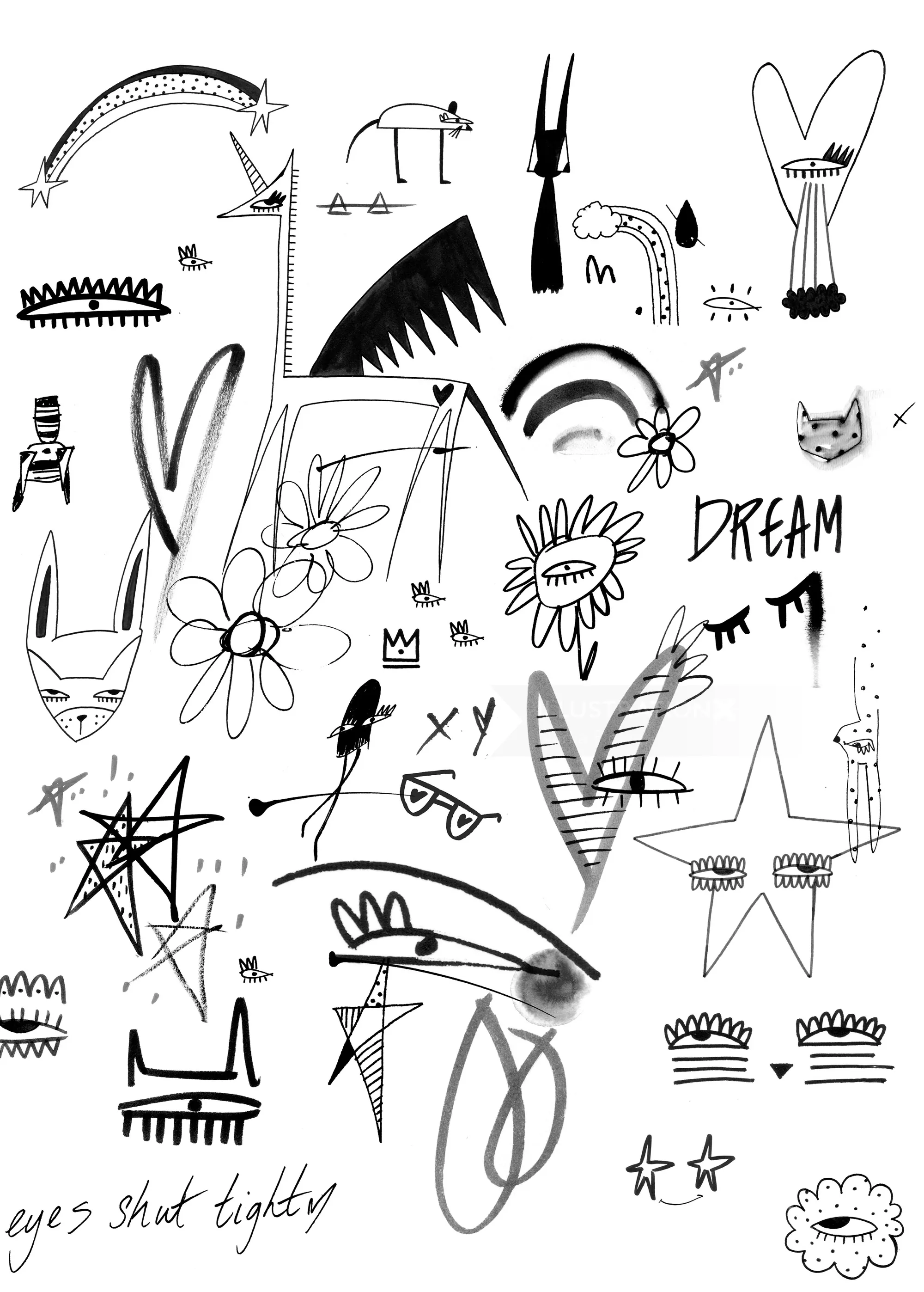 Abstract black and white doodle art with flowers and stars by Nadia Flower