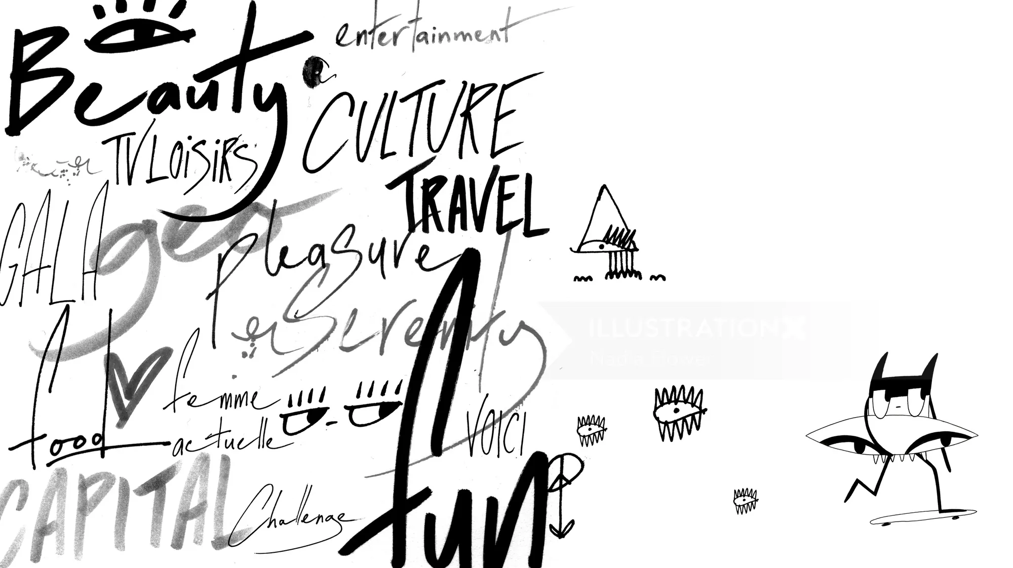 Abstract black and white typography and sketches by Nadia Flower