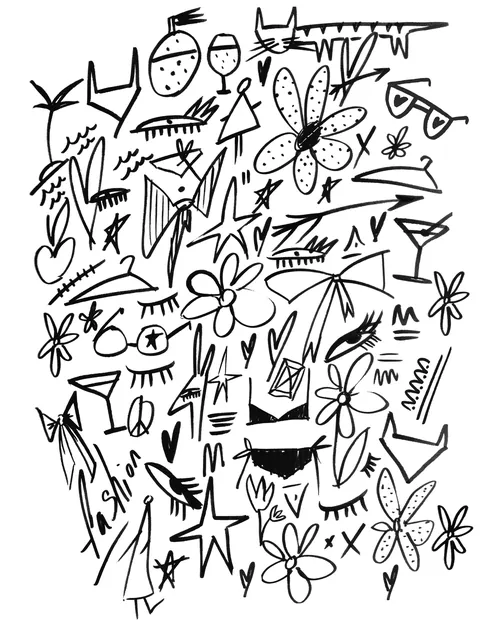 Hand-drawn black and white fashion doodles by Nadia Flower